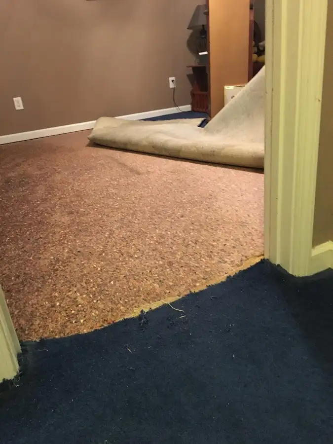 Carpet pad removal revealing water damage during Water Mitigation Services in Morro Bay